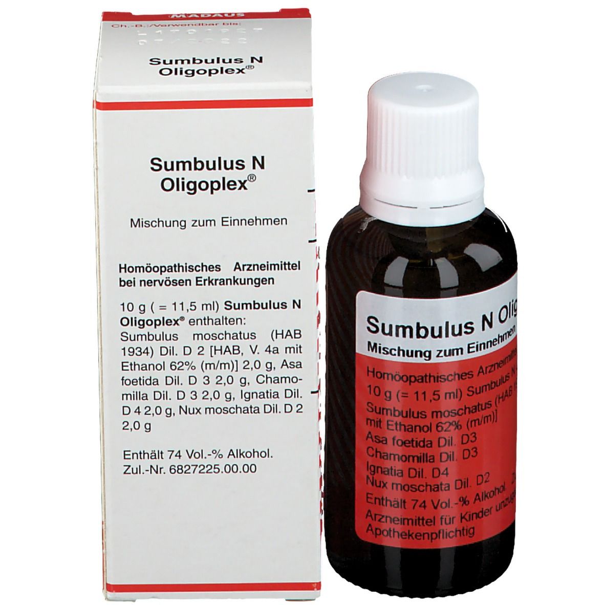 Braune Glasflasche und Karton. Karton mit Text: Sumbulus N Oligoplex. Homöopathisches Arzneimittel bei nervösen Erkrankungen.