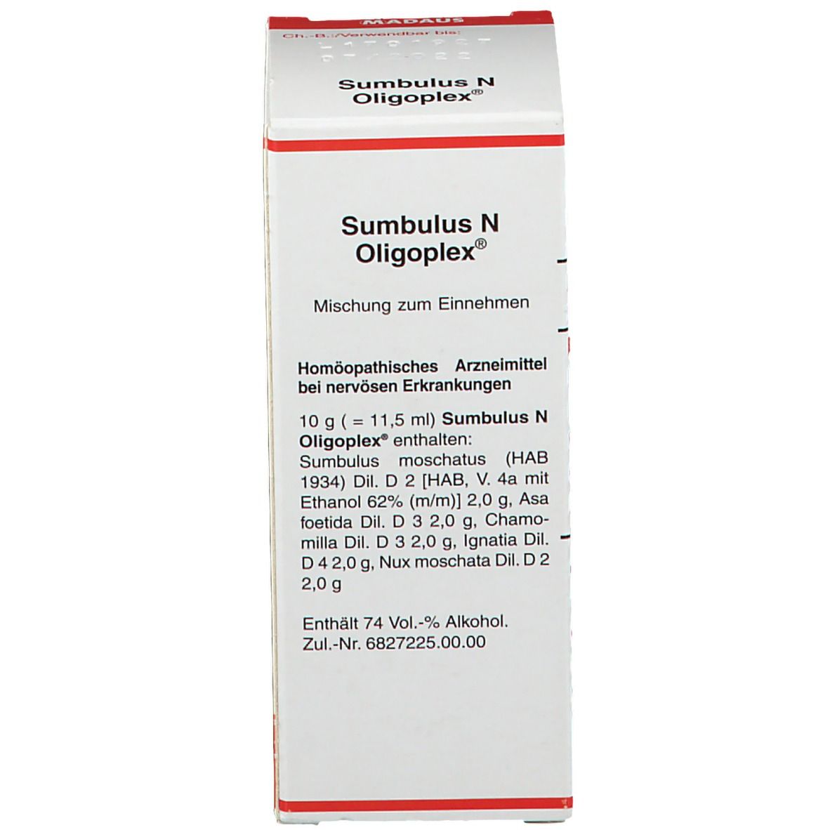 Karton mit Text: Sumbulus N Oligoplex. Homöopathisches Arzneimittel bei nervösen Erkrankungen. MADAUS.