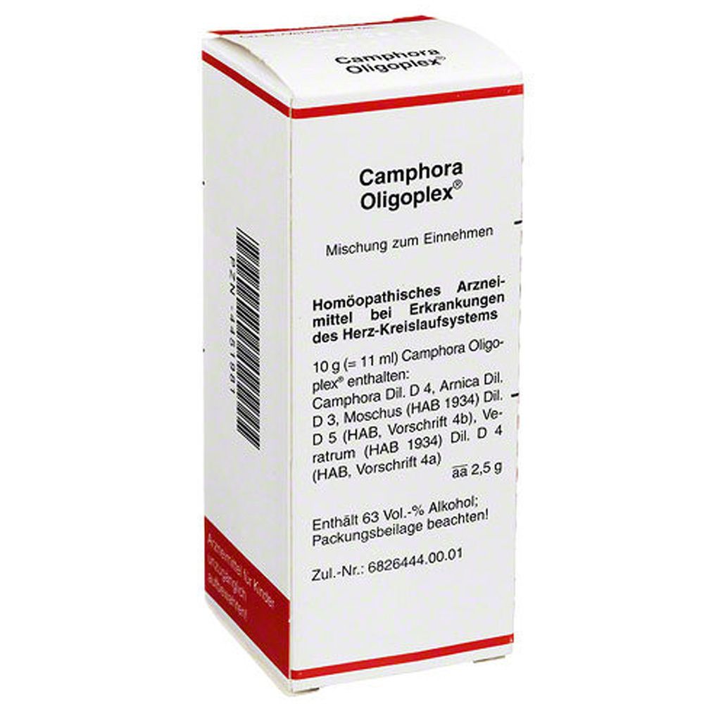Weiße Schachtel mit roter Schrift. Aufschrift: Camphora Oligoplex. Enthält homöopathische Arznei. Text in deutscher Sprache.