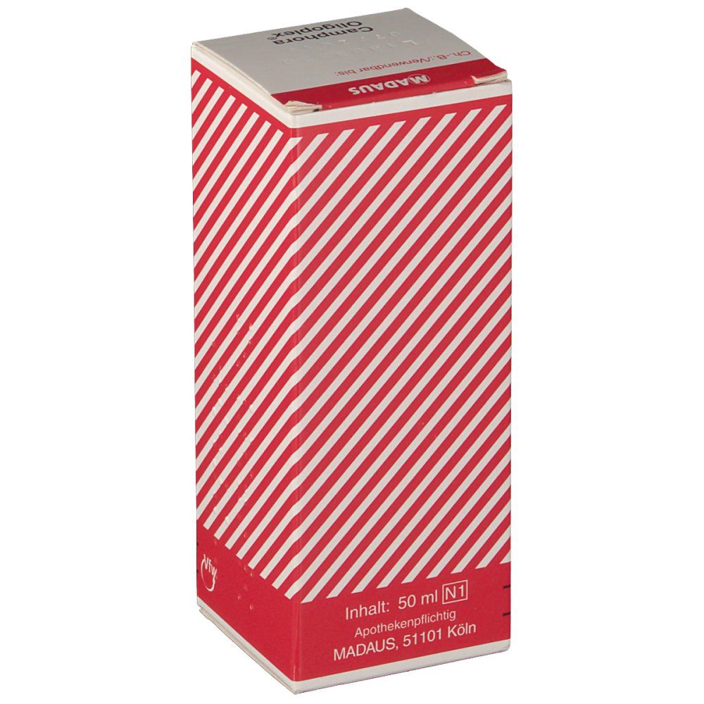 Schachtel mit rotem diagonalem Streifenmuster. Aufschrift: Camphora Oligoplex. Inhalt: 50 ml. Marke: MADAUS.
