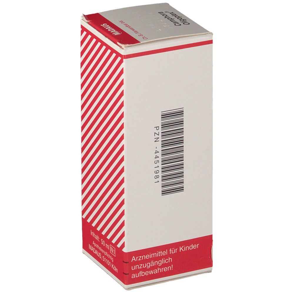 Schachtel mit rotem diagonalem Streifenmuster. Barcode und Text. Marke: MADAUS. Warnhinweis: Arzneimittel für Kinder unzugänglich aufbewahren!