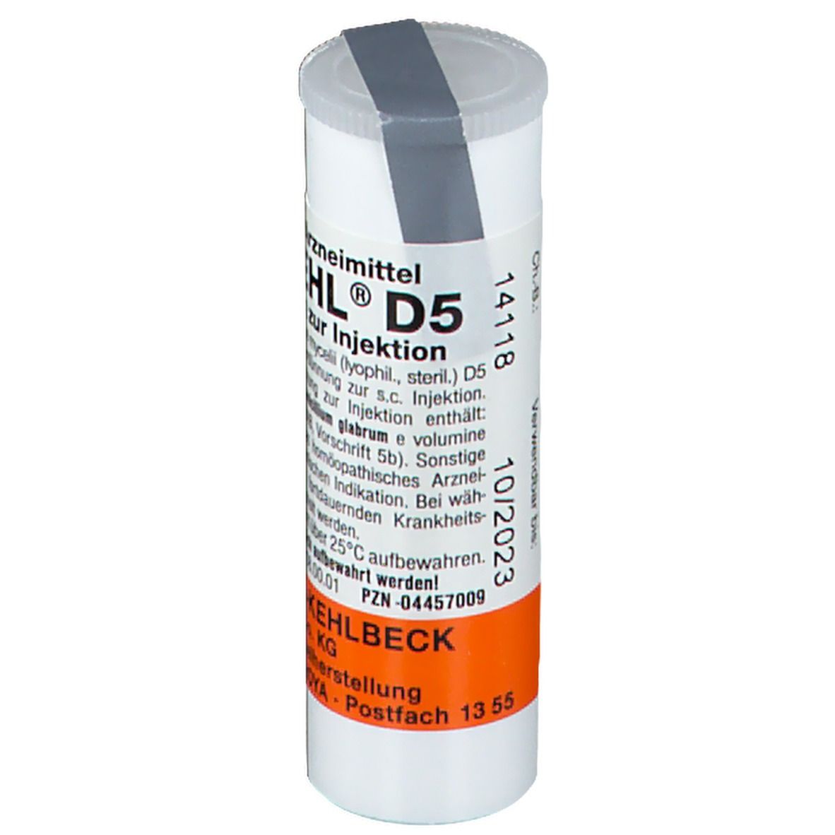 Zylindrische Verpackung mit Text QUENTAKEHL D5. Orangefarbener Abschnitt mit Text und Verfallsdatum. Grau versiegelter Deckel.