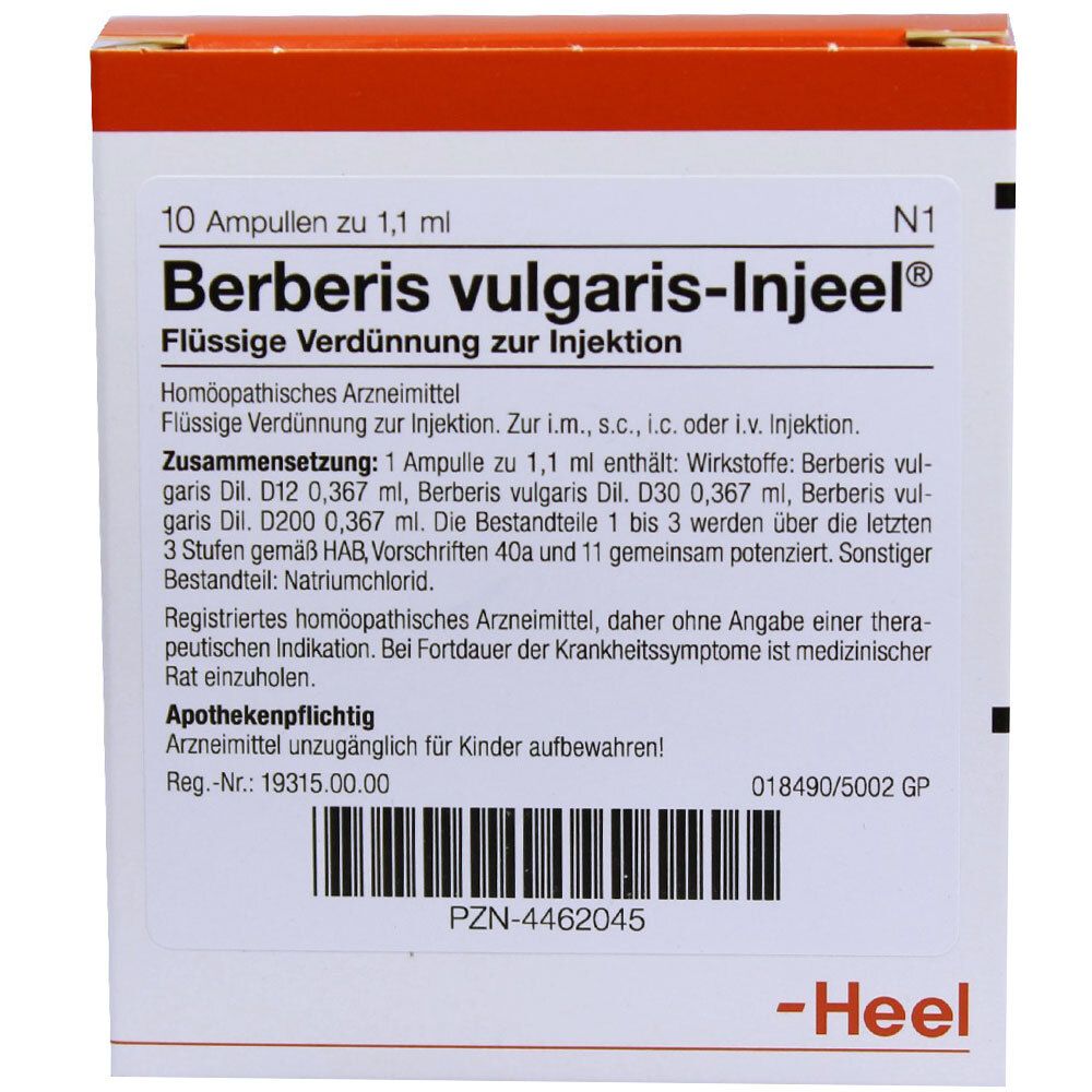 Schachtel mit Berberis vulgaris-Injeel Ampullen. Weiße Verpackung mit rotem Deckel. Text in Deutsch.