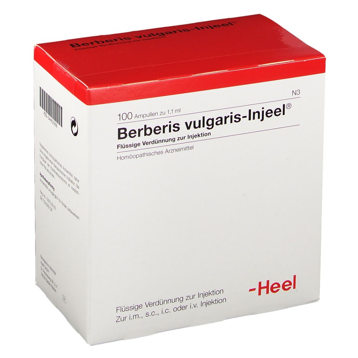 Verpackung von Berberis vulgaris-Injeel. 100 Ampullen, rote und weiße Schachtel. Heel-Logo.