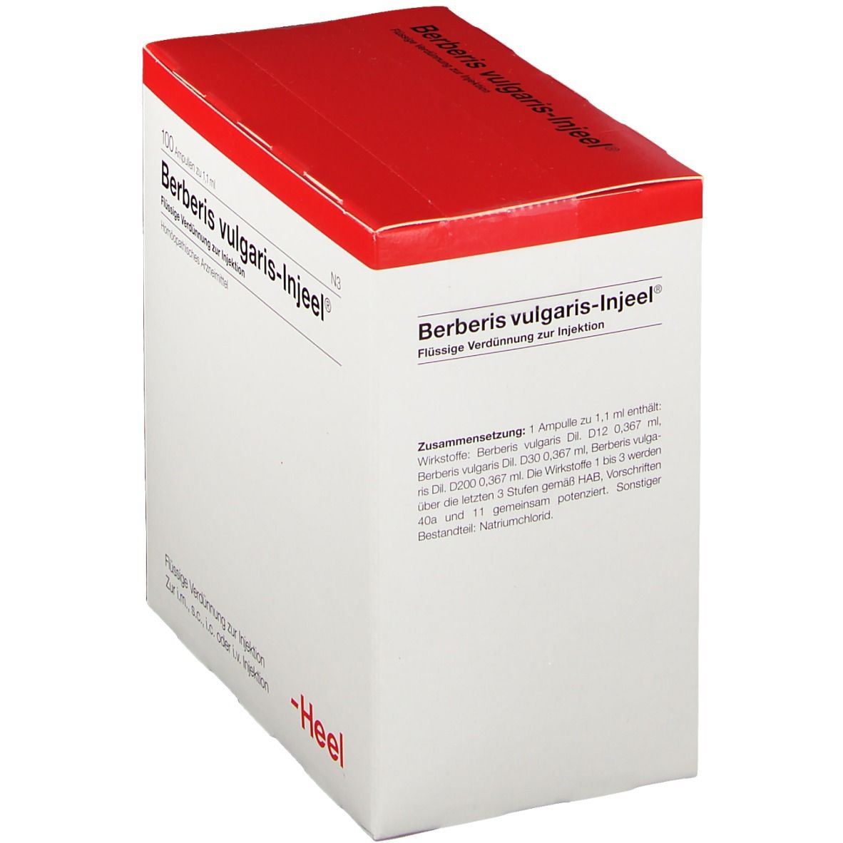 Berberis vulgaris-Injeel-Verpackung. Weiße Schachtel mit rotem Deckel. Heel-Logo. Text und Produktinformationen.