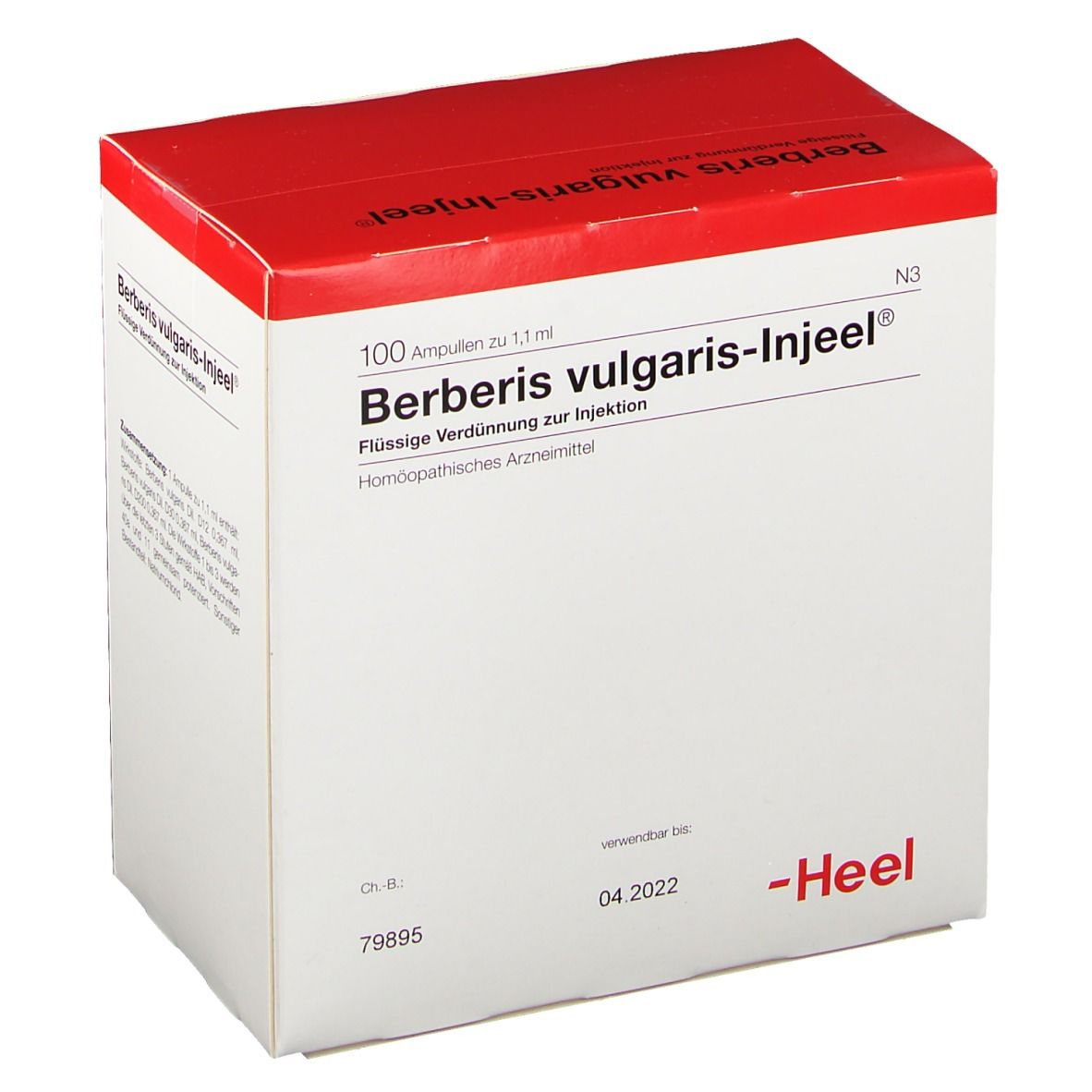 Berberis vulgaris-Injeel-Verpackung. Weiße Schachtel mit rotem Deckel. Heel-Logo. 100 Ampullen.