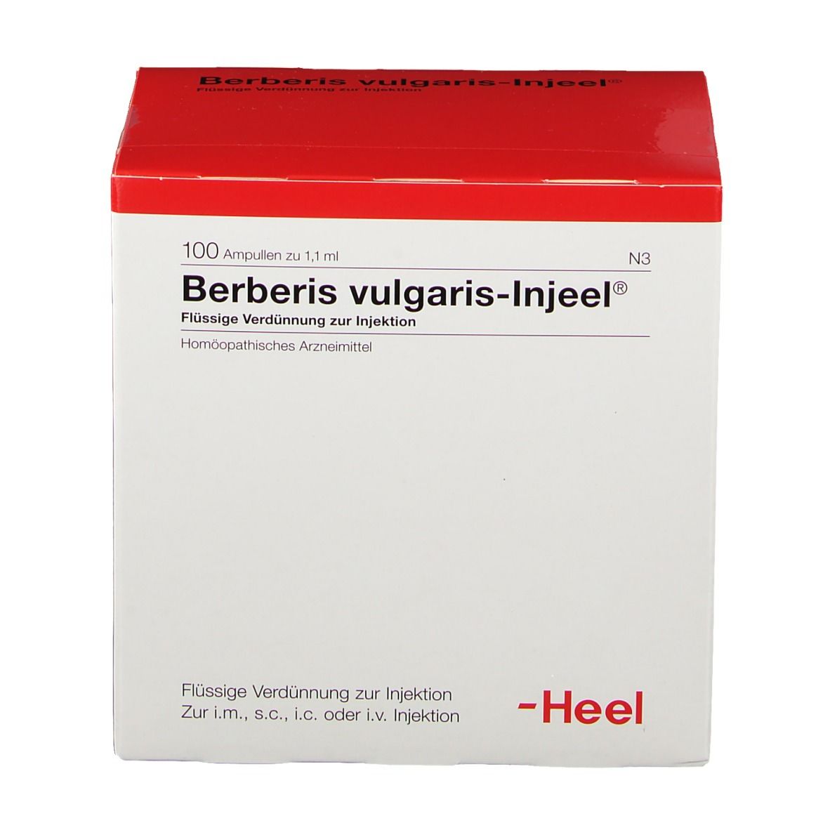 Berberis vulgaris-Injeel-Verpackung. Weiße Schachtel mit rotem Deckel. Heel-Logo. 100 Ampullen.