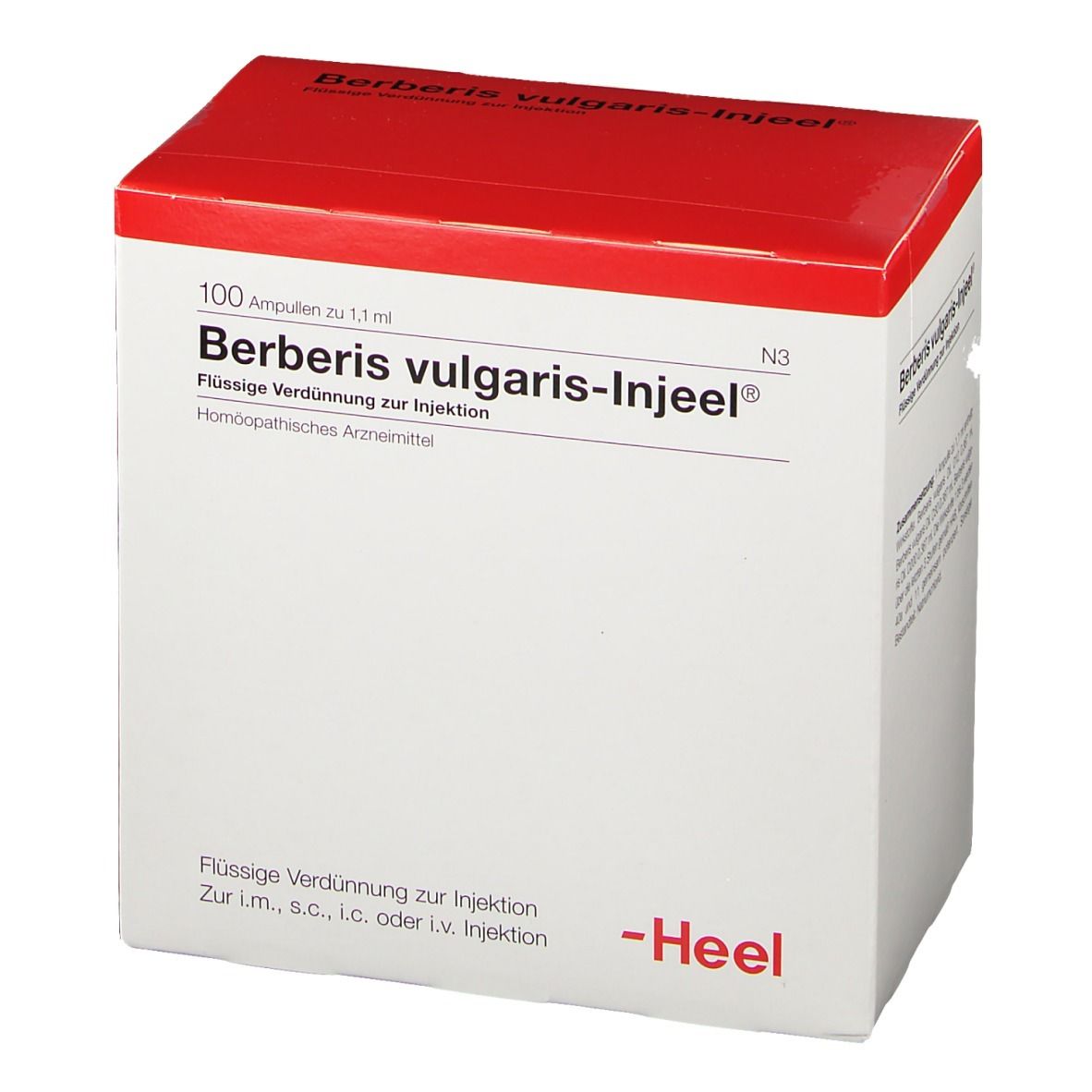 Berberis vulgaris-Injeel-Verpackung. Weiße Schachtel mit rotem Deckel. Heel-Logo. 100 Ampullen.