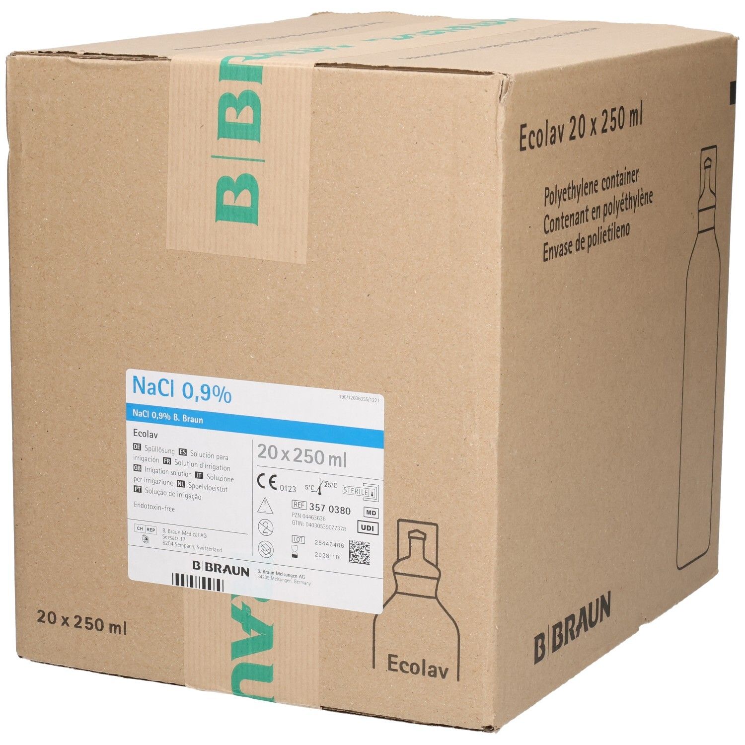 Kartonverpackung mit 20 x 250 ml Polyethylen-Behältern für Kochsalzlösung 0,9%. Braun Ecolav.