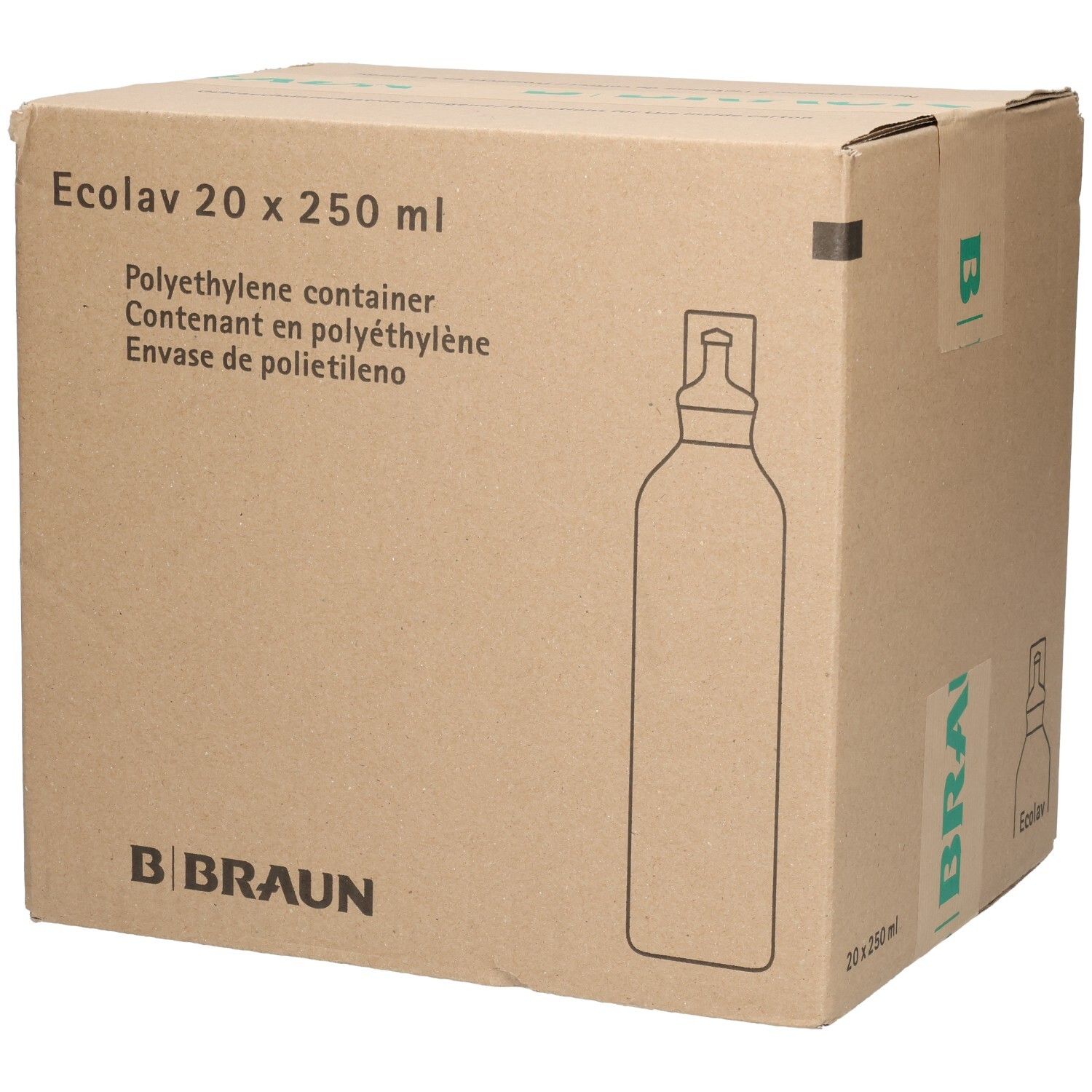 Kartonverpackung mit 20 x 250 ml Polyethylen-Behältern. Braun Ecolav.