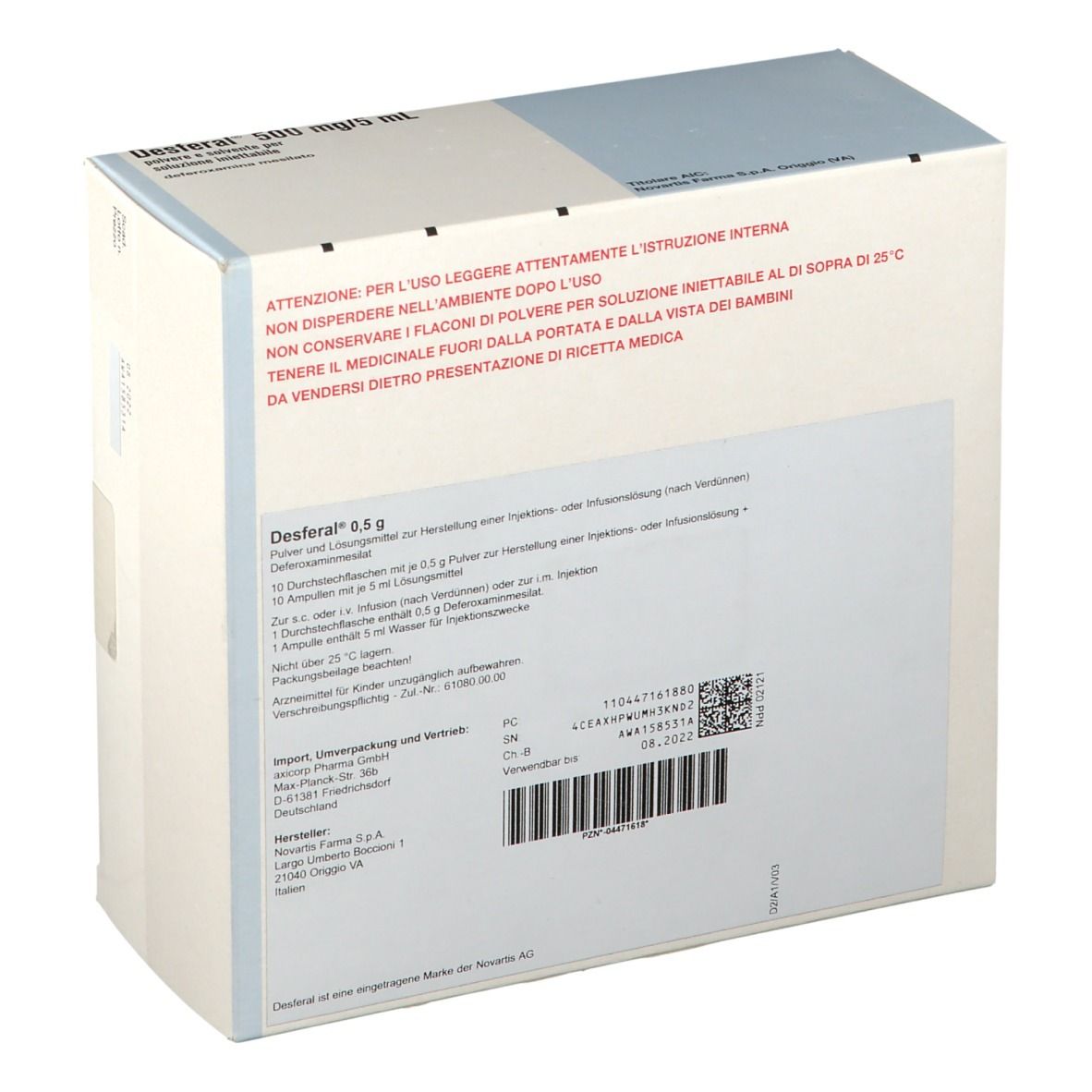 Rückseite der Desferal-Verpackung. Enthält Informationen zu Inhaltsstoffen und Anwendung. Barcode und Novartis-Logo.