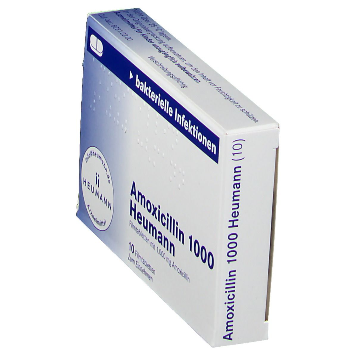Schräg gestellte Schachtel Amoxicillin 1000 Heumann. Aufschrift: bakterielle Infektionen, 10 Filmtabletten, Heumann, 1000 mg Amoxicillin.