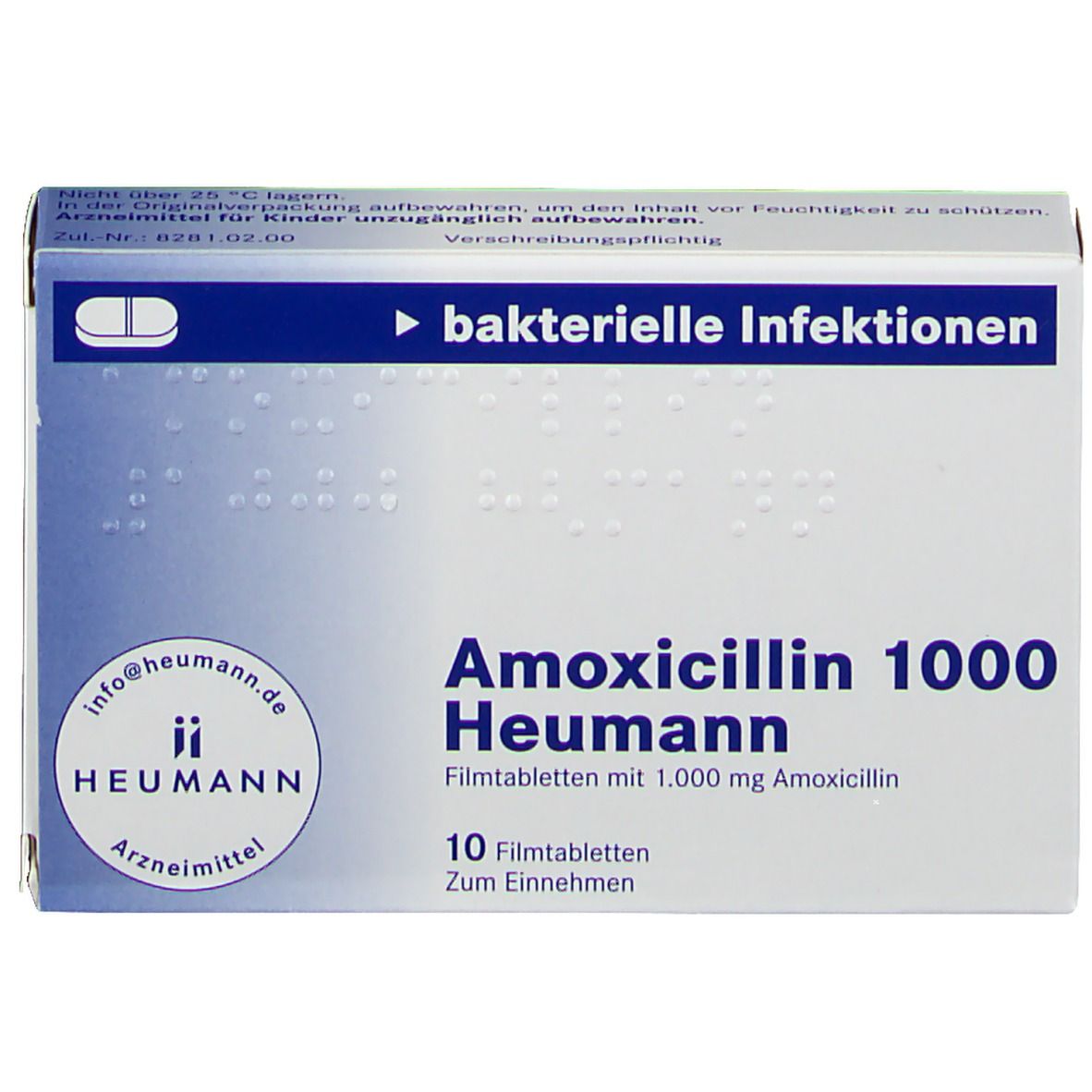 Schachtel Amoxicillin 1000 Heumann Filmtabletten. Aufschrift: bakterielle Infektionen, 10 Filmtabletten, Heumann, 1000 mg Amoxicillin.
