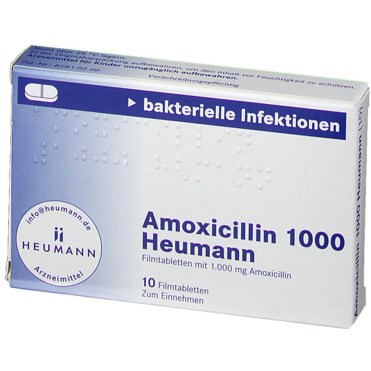 Schachtel Amoxicillin 1000 Heumann Filmtabletten. Aufschrift: bakterielle Infektionen, 10 Filmtabletten, Heumann, 1000 mg Amoxicillin.