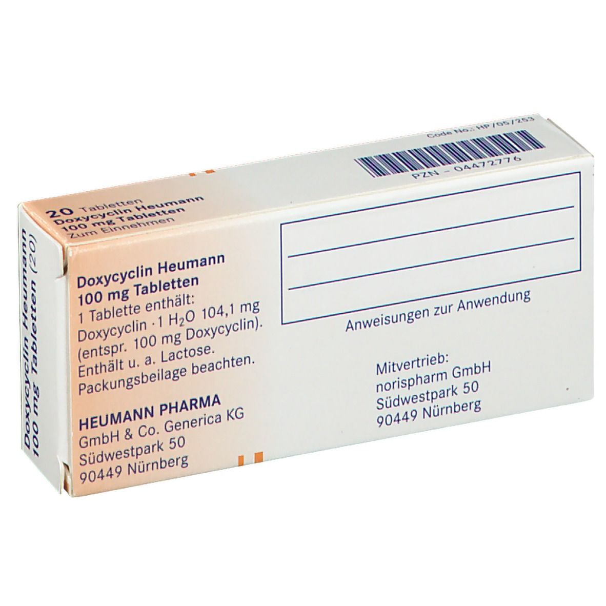 Rückseite der Schachtel Doxycyclin Heumann 100 mg Tabletten. Enthält Informationen zu Inhaltsstoffen und Hersteller.