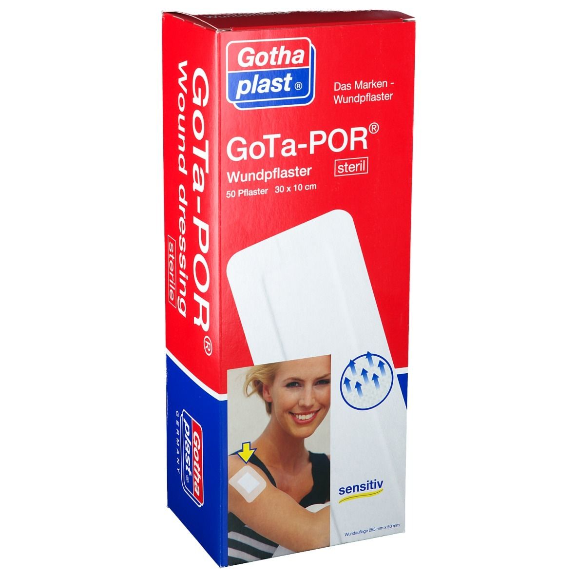 Verpackung von GOTA-POR Wundpflaster. Rote und weiße Schachtel mit Produktnamen und Abbildung einer Frau mit Pflaster.
