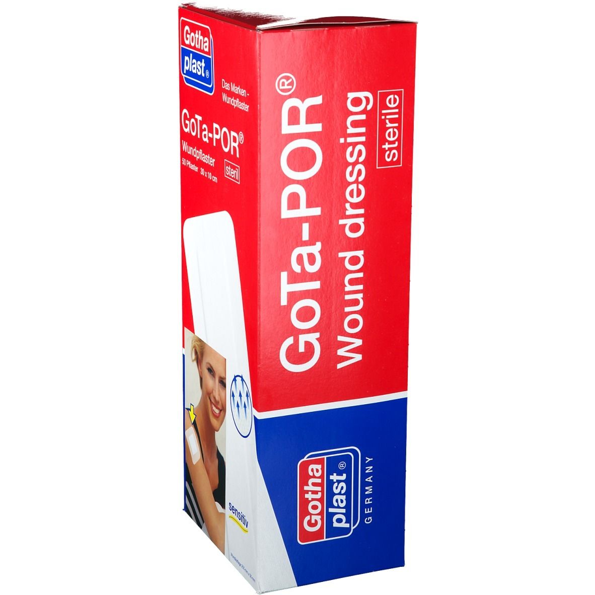 GOTA-POR Wundpflaster Verpackung. Rote Schachtel mit Produktnamen und Abbildung einer Frau mit Pflaster auf dem Arm.