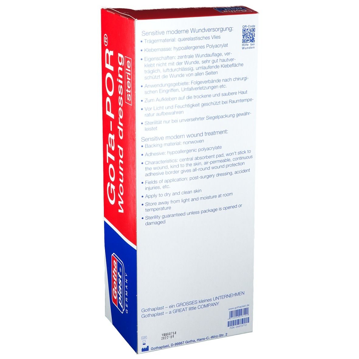 Rückseite der GOTA-POR Wundpflaster Verpackung. Text in Deutsch und Englisch, Beschreibung des Produkts und Anwendung.
