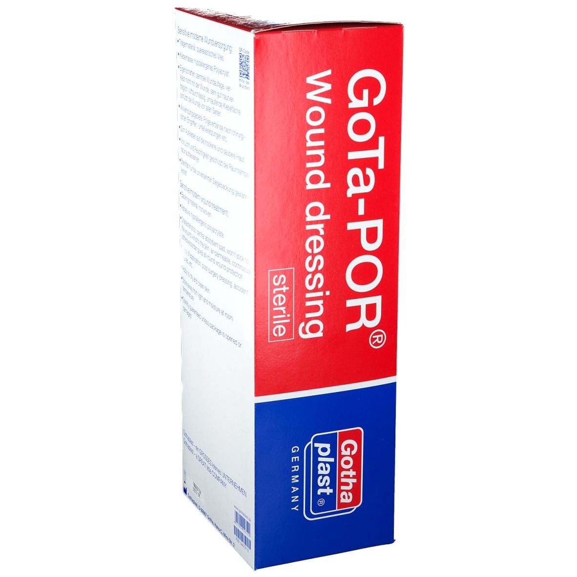 GOTA-POR Wundpflaster Verpackung. Rote Schachtel mit Produktnamen und dem Wort 'steril'.