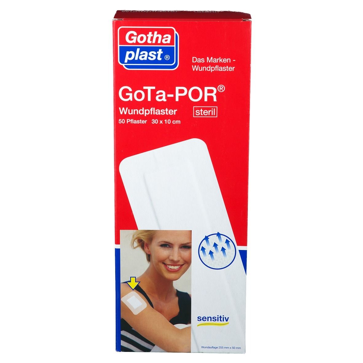 GOTA-POR Wundpflaster Verpackung. Rote Schachtel mit Produktnamen und Abbildung einer Frau mit Pflaster.
