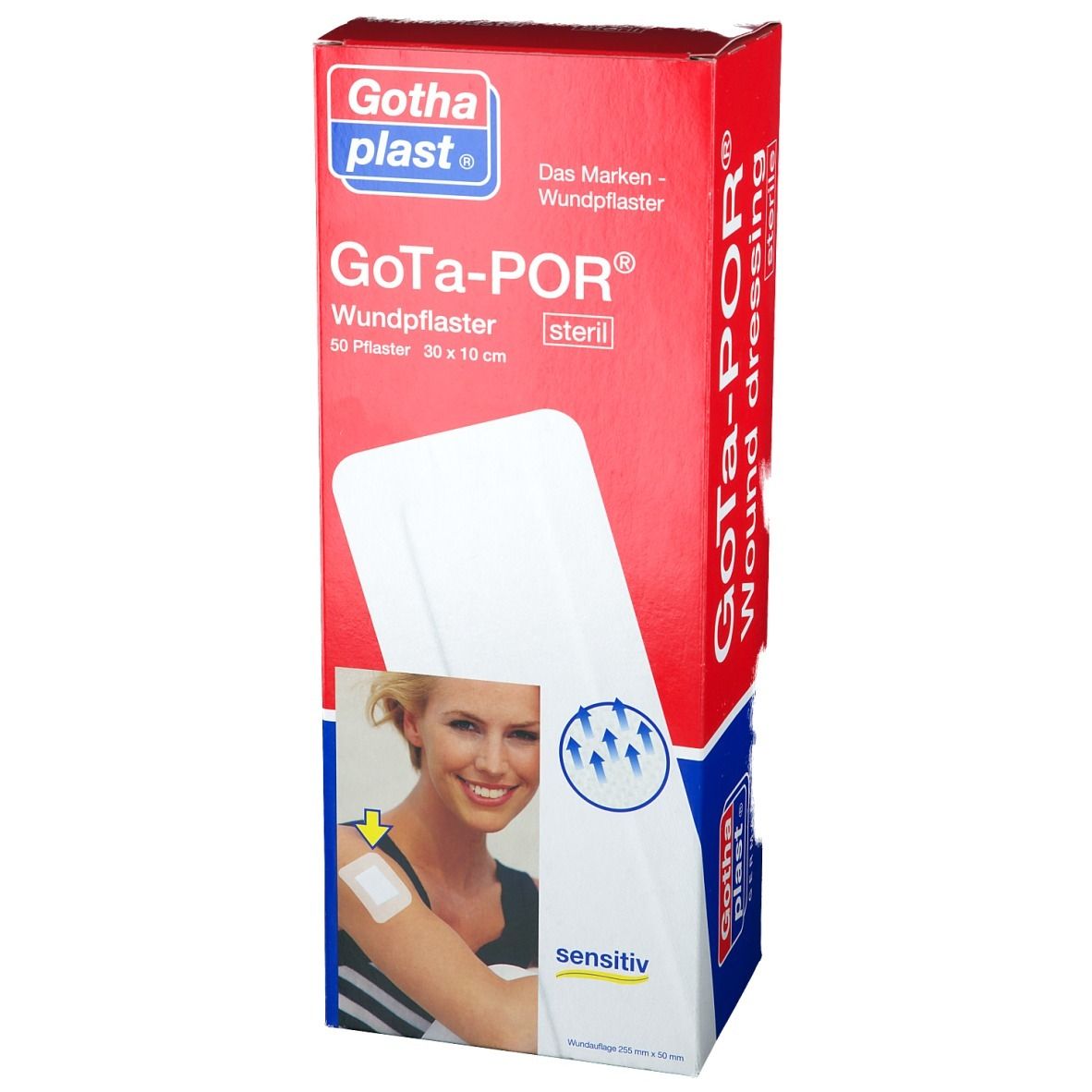 GOTA-POR Wundpflaster Verpackung. Rote Schachtel mit Produktnamen und Abbildung einer Frau mit Pflaster.