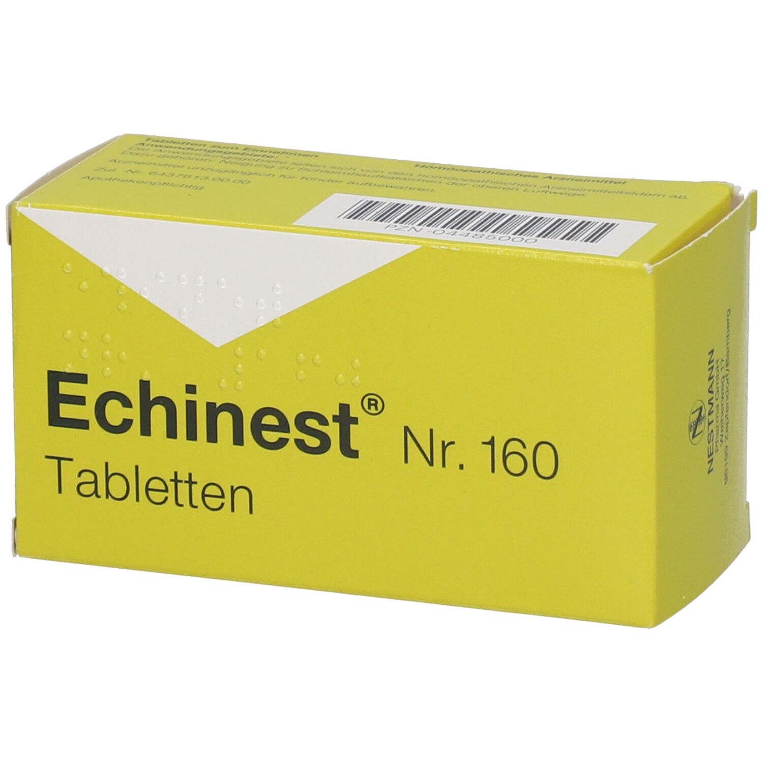 Gelbe Schachtel "Echinest Nr. 160 Tabletten". Weißes Dreieck auf der Oberseite. Barcode und Herstellerlogo.