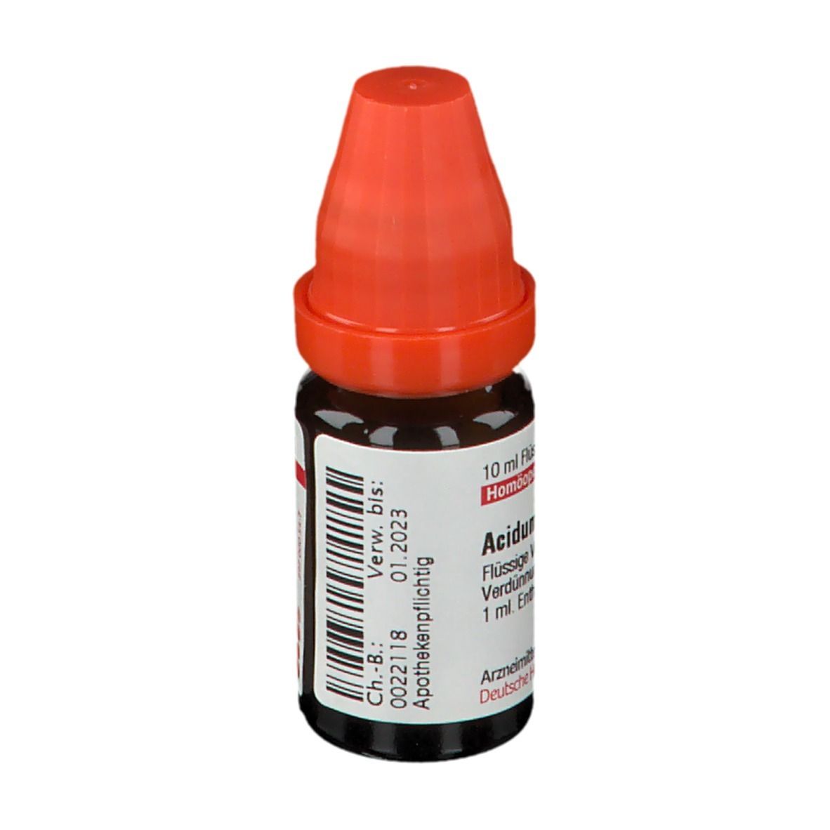 Braune Glasflasche mit rotem Verschluss. Beschriftung: Acidum hydrofluoricum, 10 ml flüssige Verdünnung. Verwendbar bis 01.2023.