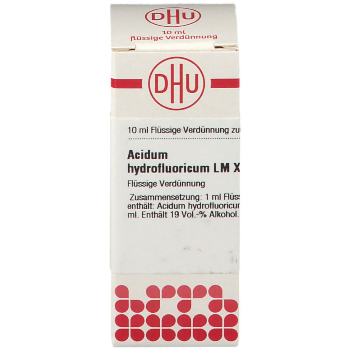 Produktverpackung. Weiß mit DHU-Logo und Produktbezeichnung: Acidum hydrofluoricum LM X, 10 ml flüssige Verdünnung.
