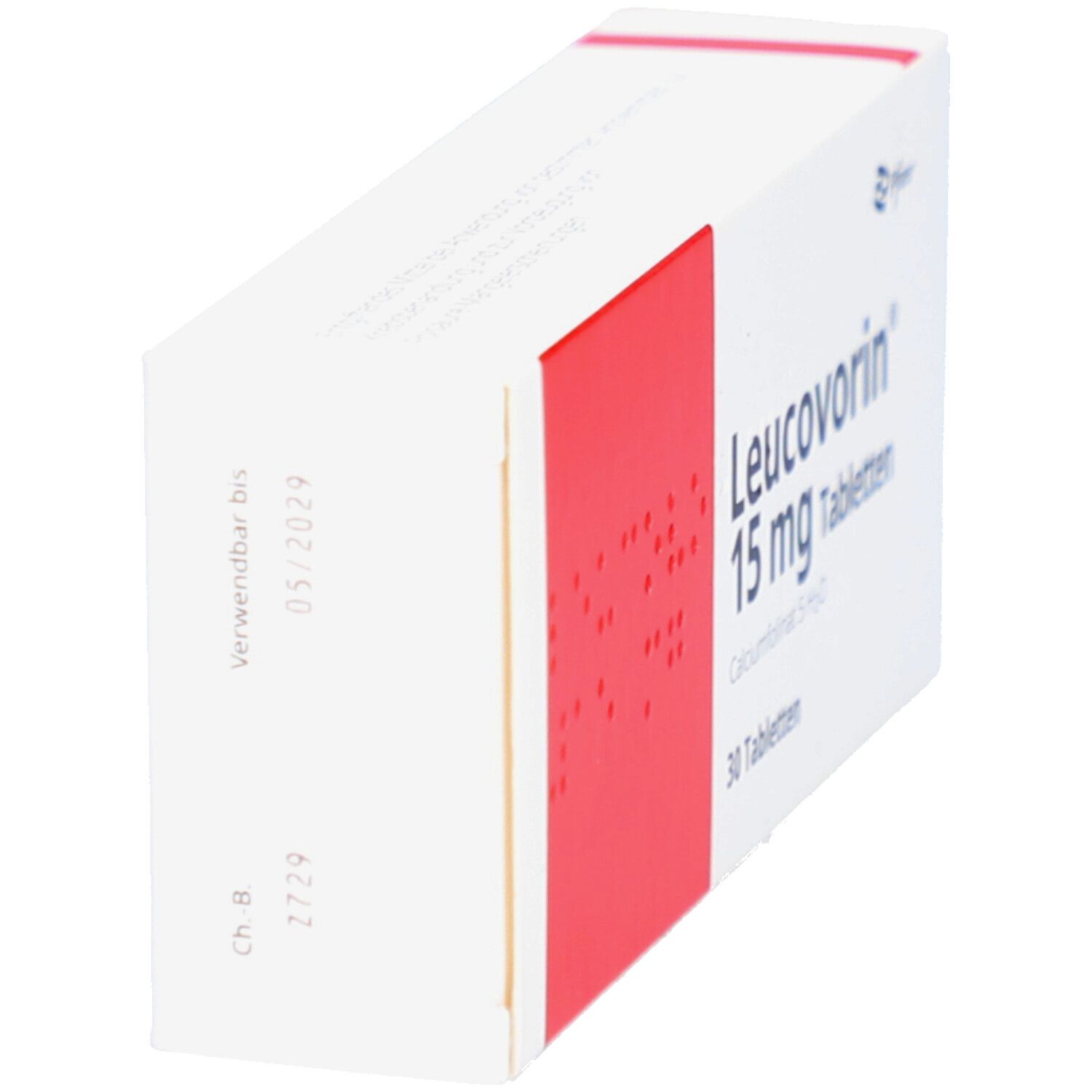 Schachtel Leucovorin 15 mg Tabletten. Seitenansicht. Weiß mit rotem Akzent. Verfallsdatum.