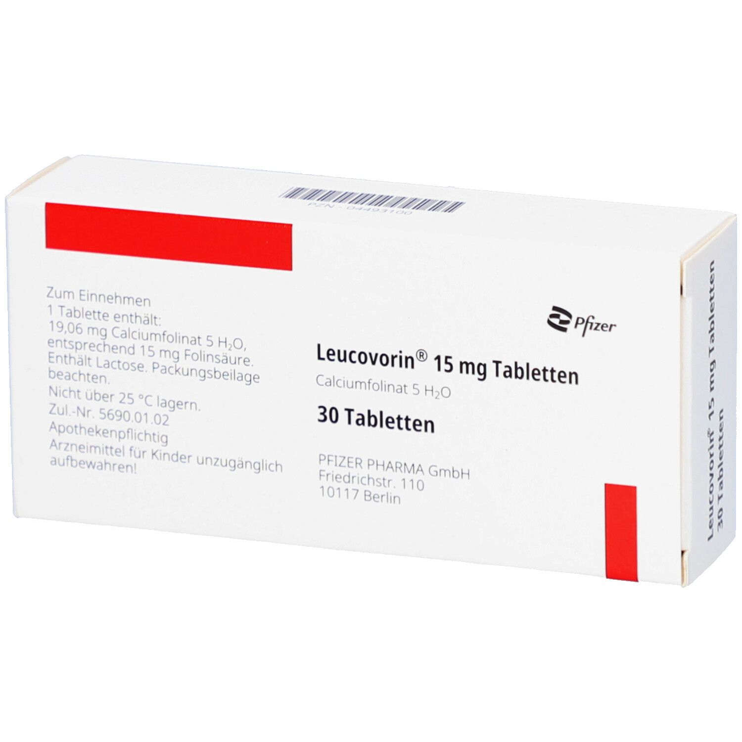 Schachtel Leucovorin 15 mg Tabletten. Weiß mit rotem Akzent. Text und Logo von Pfizer. 30 Tabletten.