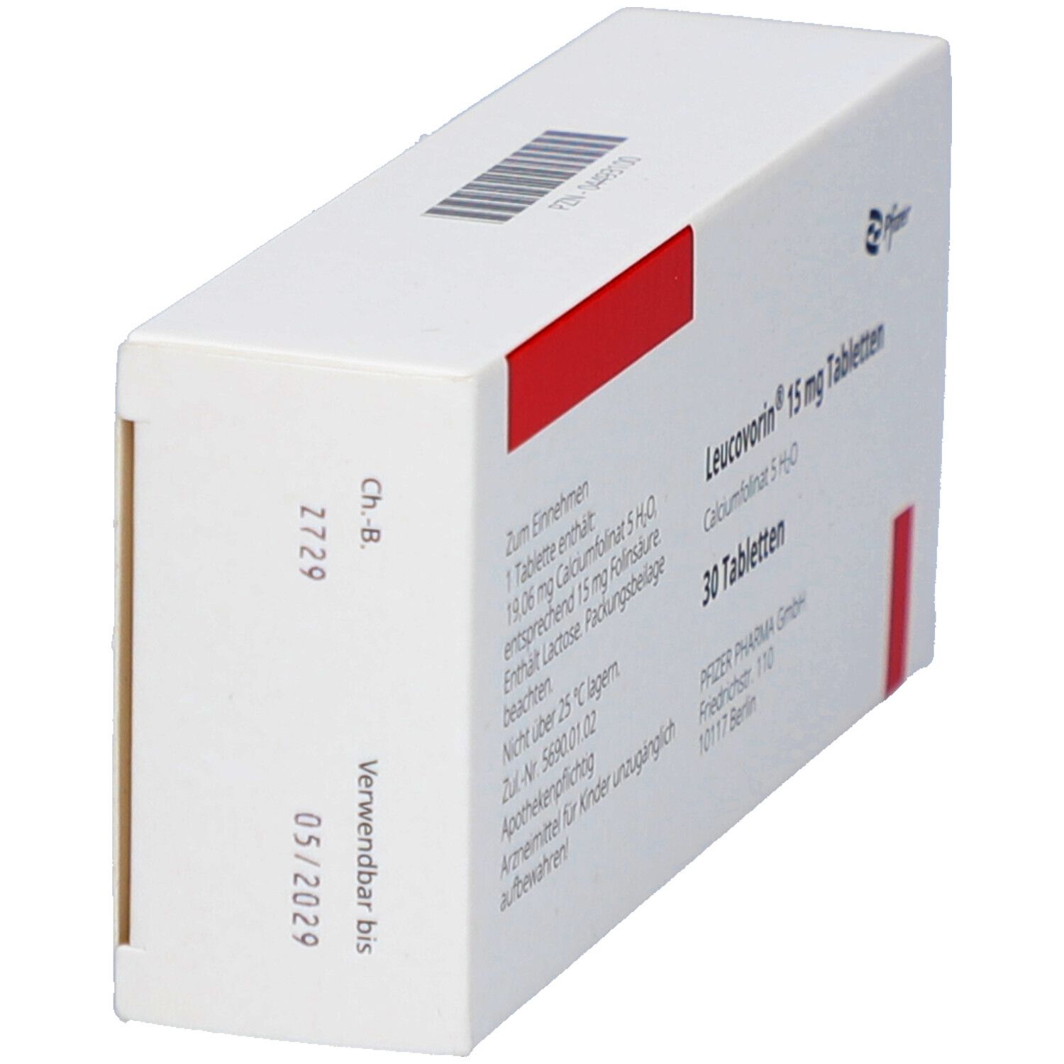 Schachtel Leucovorin 15 mg Tabletten. Seitenansicht. Weiß mit rotem Akzent. Barcode und Verfallsdatum.