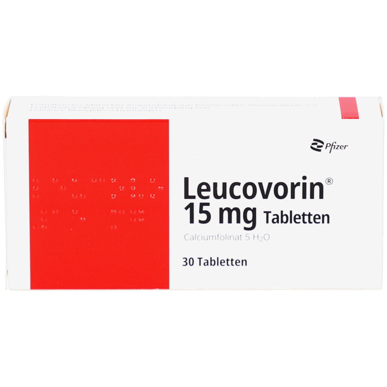 Schachtel Leucovorin 15 mg Tabletten. Weiß mit rotem Akzent. Logo Pfizer. 30 Tabletten.