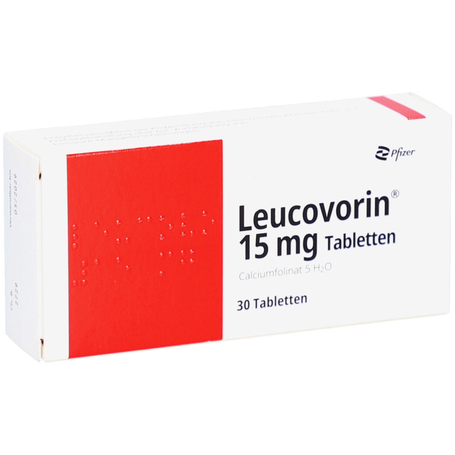 Schachtel Leucovorin 15 mg Tabletten. Weiß mit rotem Akzent. Logo Pfizer. Verfallsdatum.