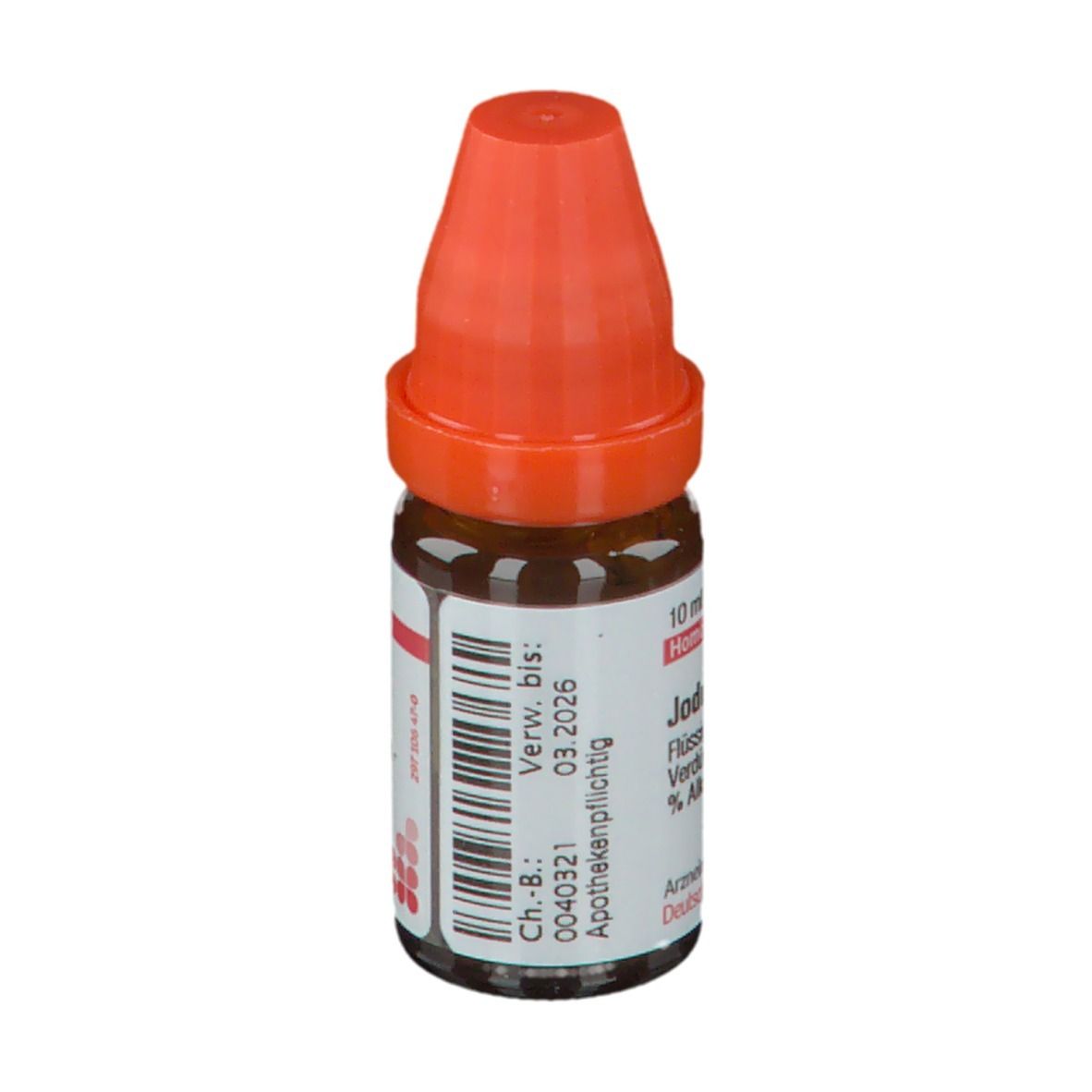 Braune Flüssigkeit in einer Glasflasche mit orangefarbenem Verschluss. Beschriftung: Jodum LM XII, 10 ml.