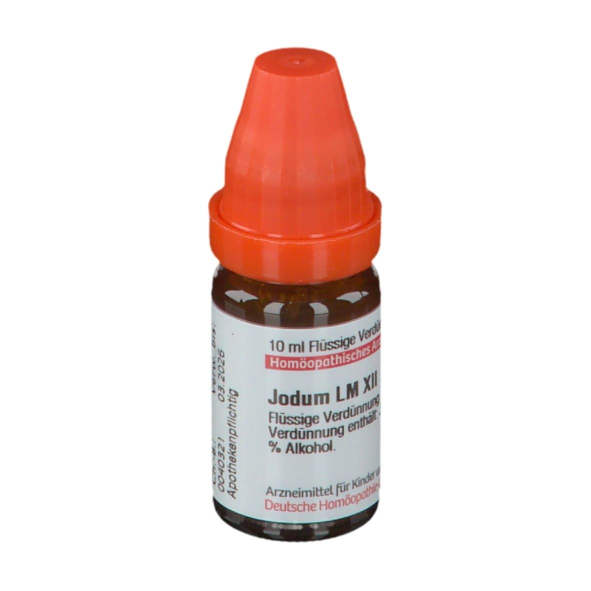 Braune Flüssigkeit in einer Glasflasche mit orangefarbenem Verschluss. Beschriftung: Jodum LM XII, 10 ml.