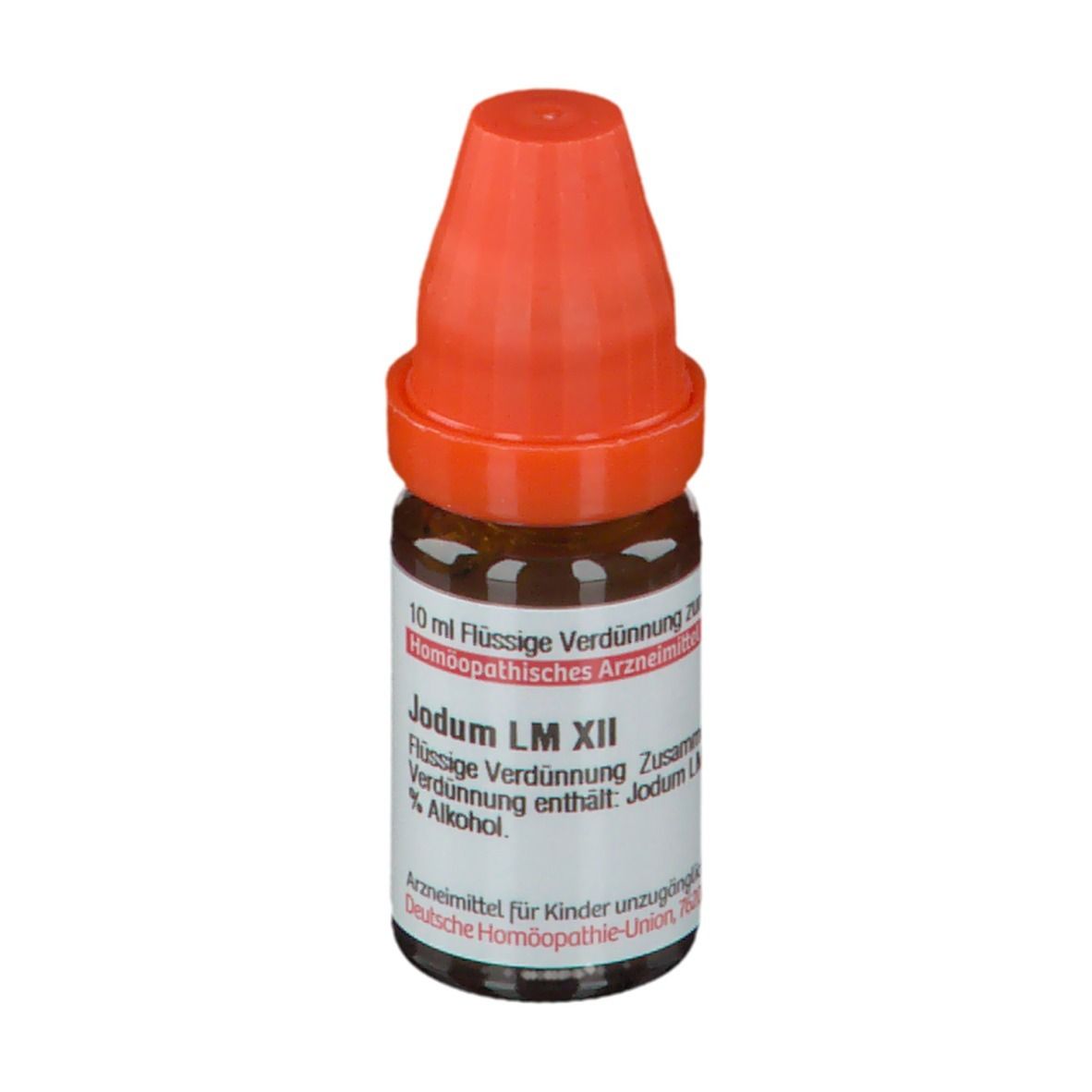 Braune Flüssigkeit in einer Glasflasche mit orangefarbenem Verschluss. Beschriftung: Jodum LM XII, 10 ml.