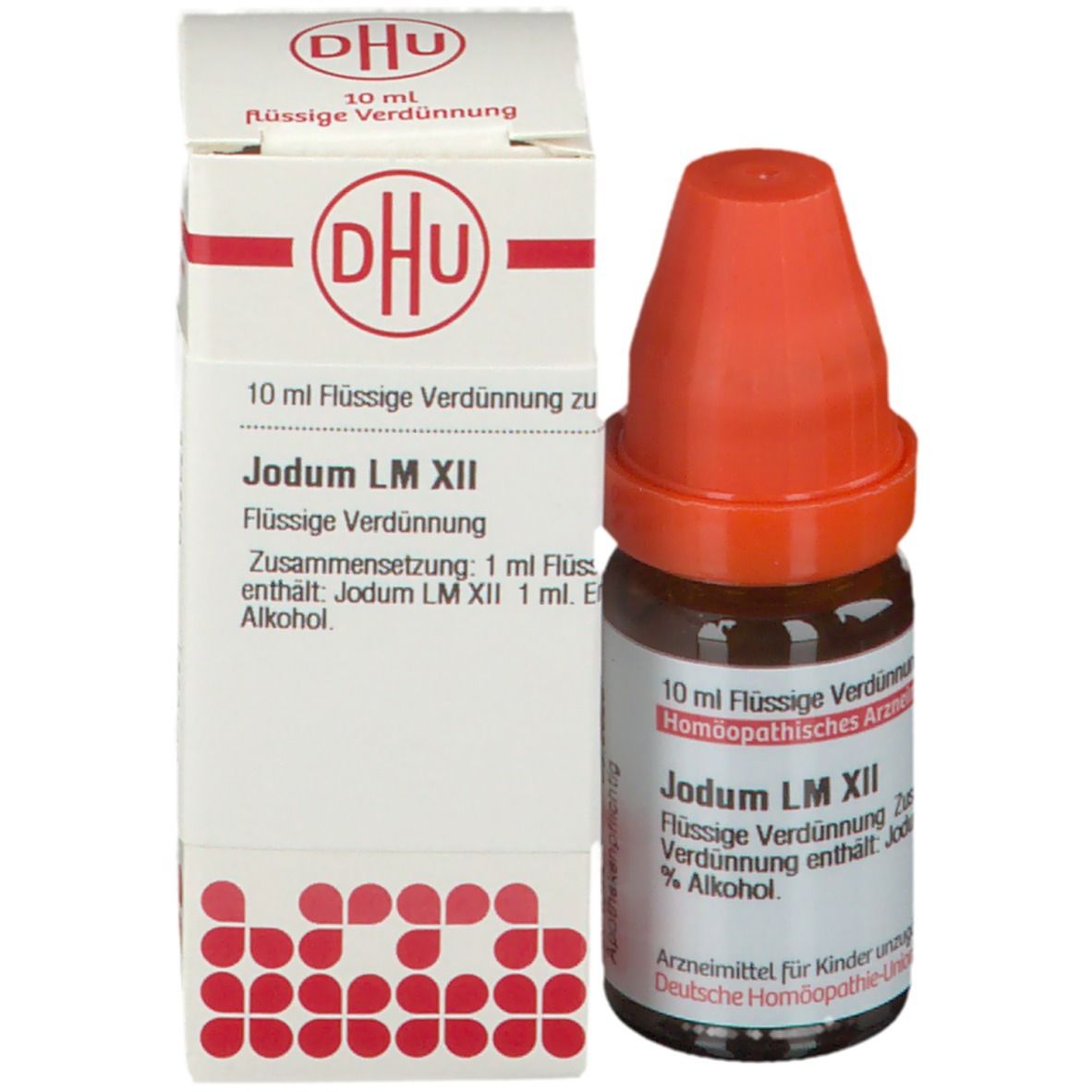 Braune Flüssigkeit in einer Glasflasche mit orangefarbenem Verschluss. Beschriftung: Jodum LM XII, 10 ml. Mit Karton.