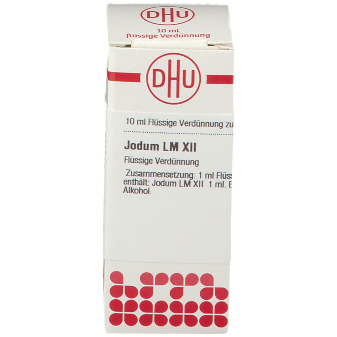 Weiße Schachtel mit roter Beschriftung. Enthält eine Flasche Jodum LM XII, 10 ml.
