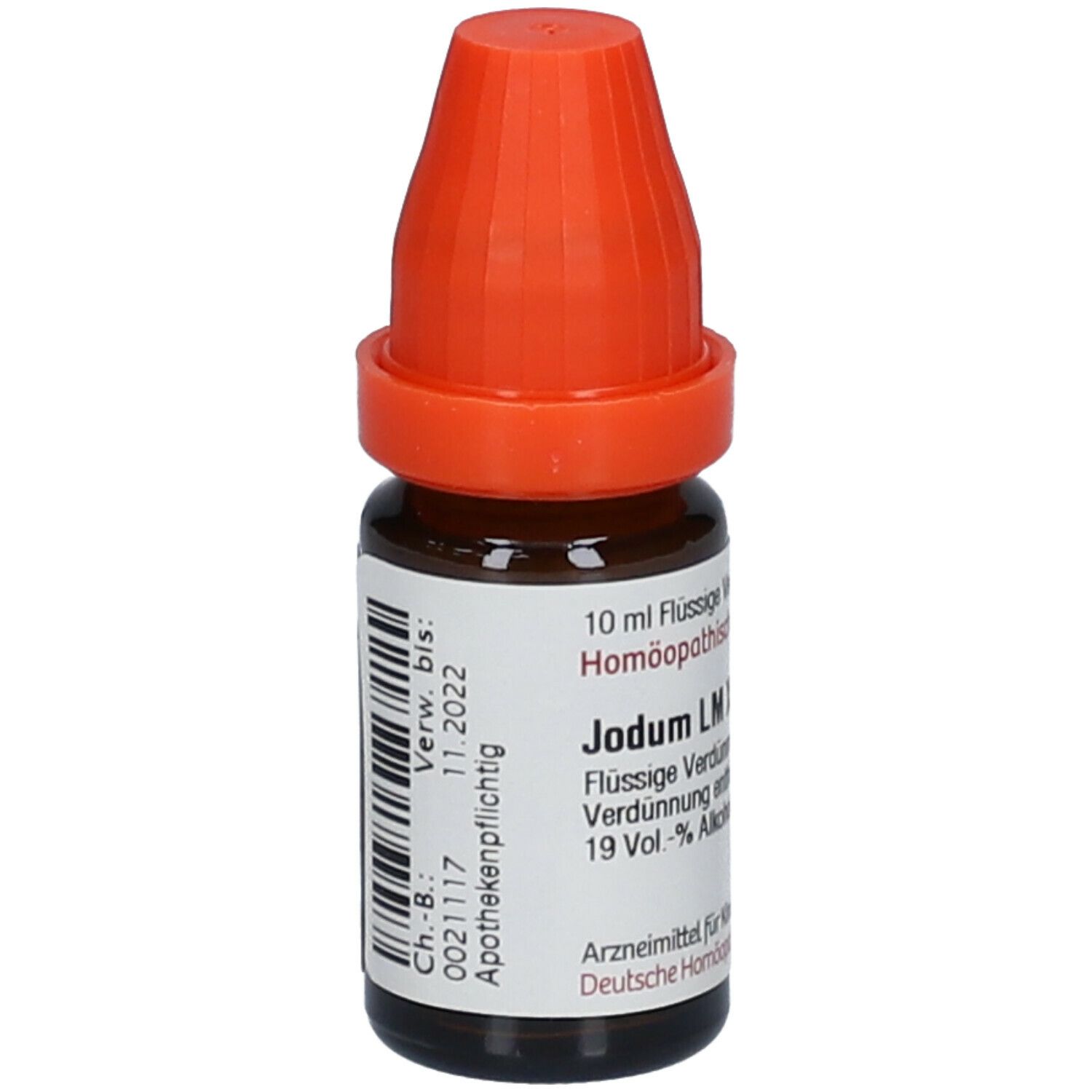 Braune Glasflasche mit orangefarbenem Verschluss. Etikett mit Produktinformationen und Barcode. Jodum LM XXIV, flüssige Verdünnung.