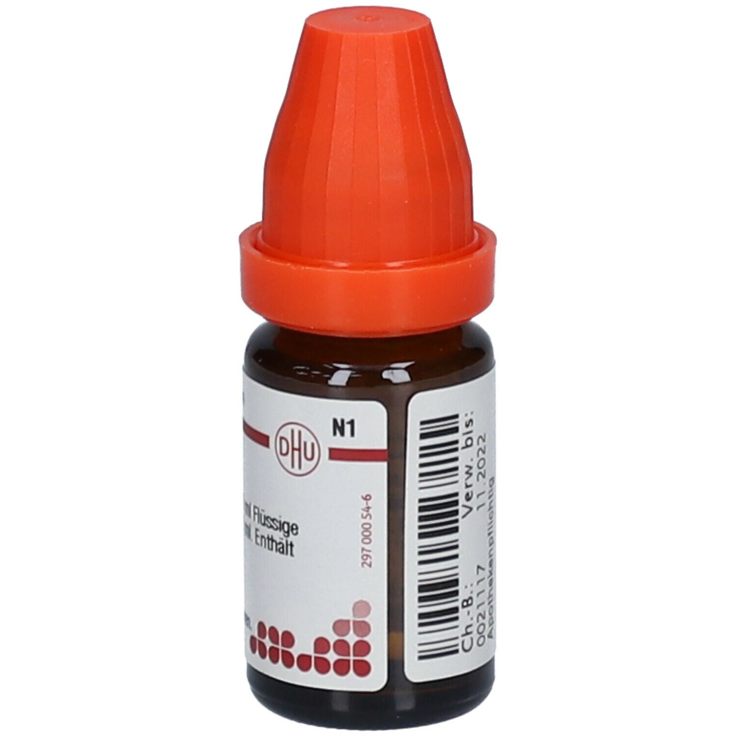 Braune Glasflasche mit orangefarbenem Verschluss. Etikett mit DHU-Logo und Produktinformationen: N1, flüssige Verdünnung.