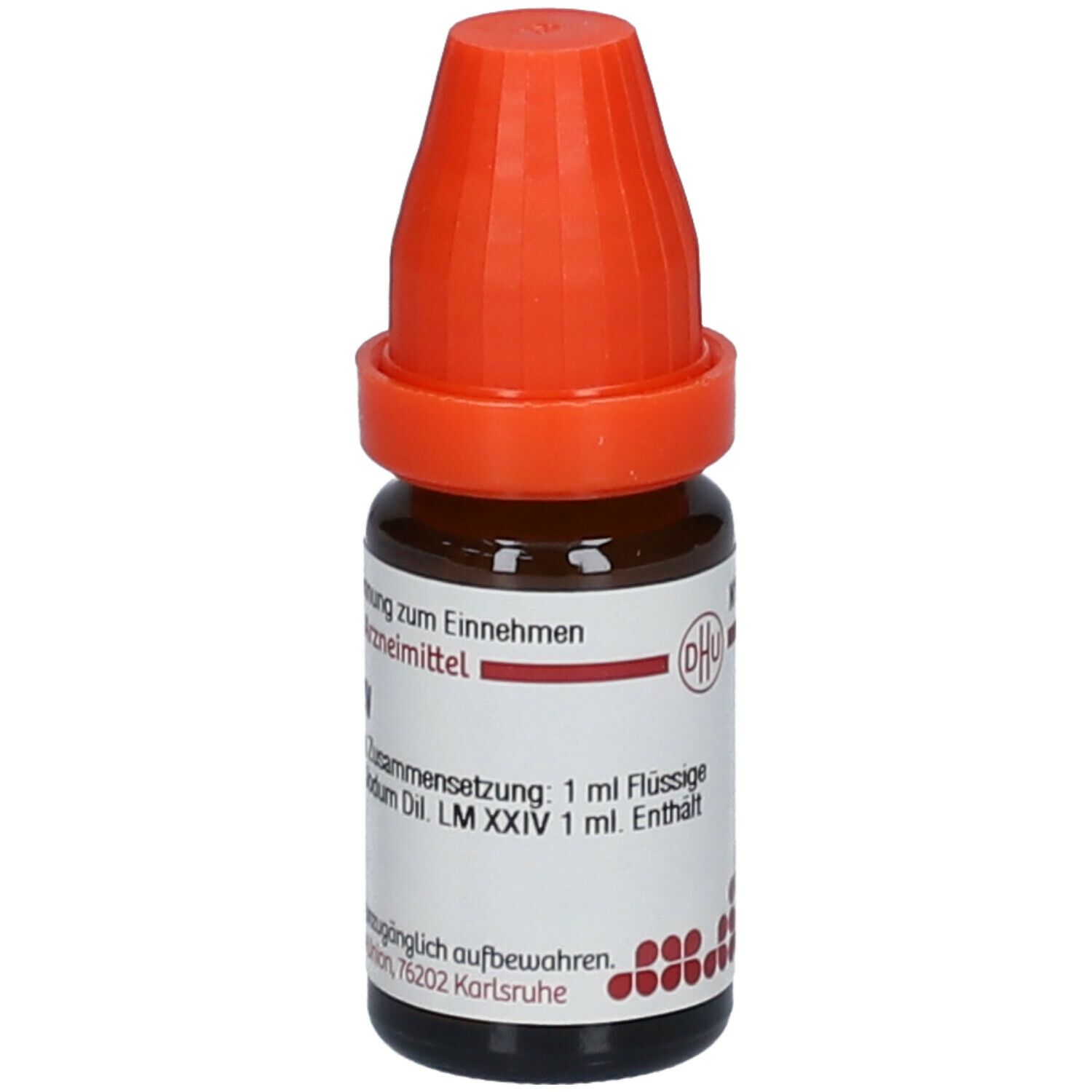 Braune Glasflasche mit orangefarbenem Verschluss. Etikett mit Produktinformationen: Jodum Dil. LM XXIV, flüssige Verdünnung.