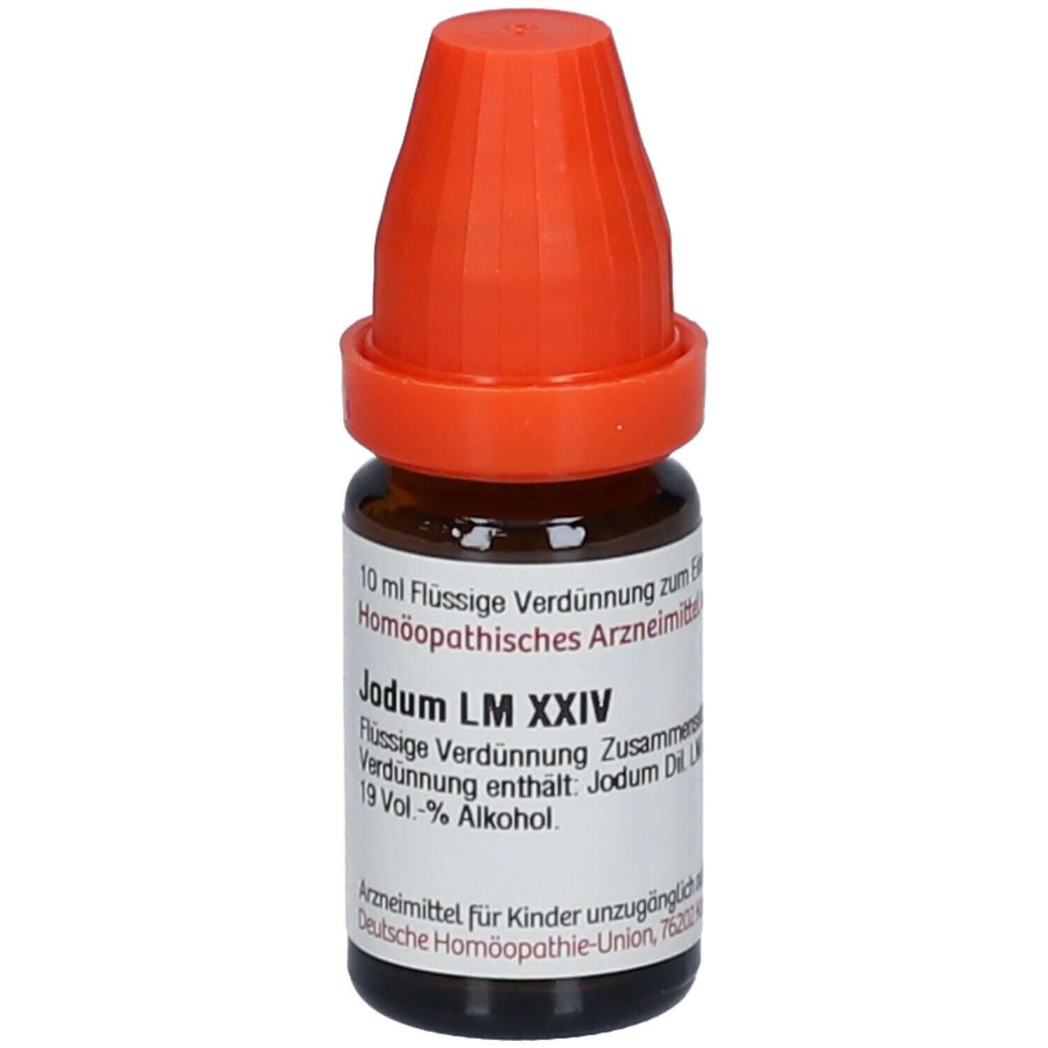 Braune Glasflasche mit orangefarbenem Verschluss. Etikett mit Produktinformationen: Jodum LM XXIV, flüssige Verdünnung.