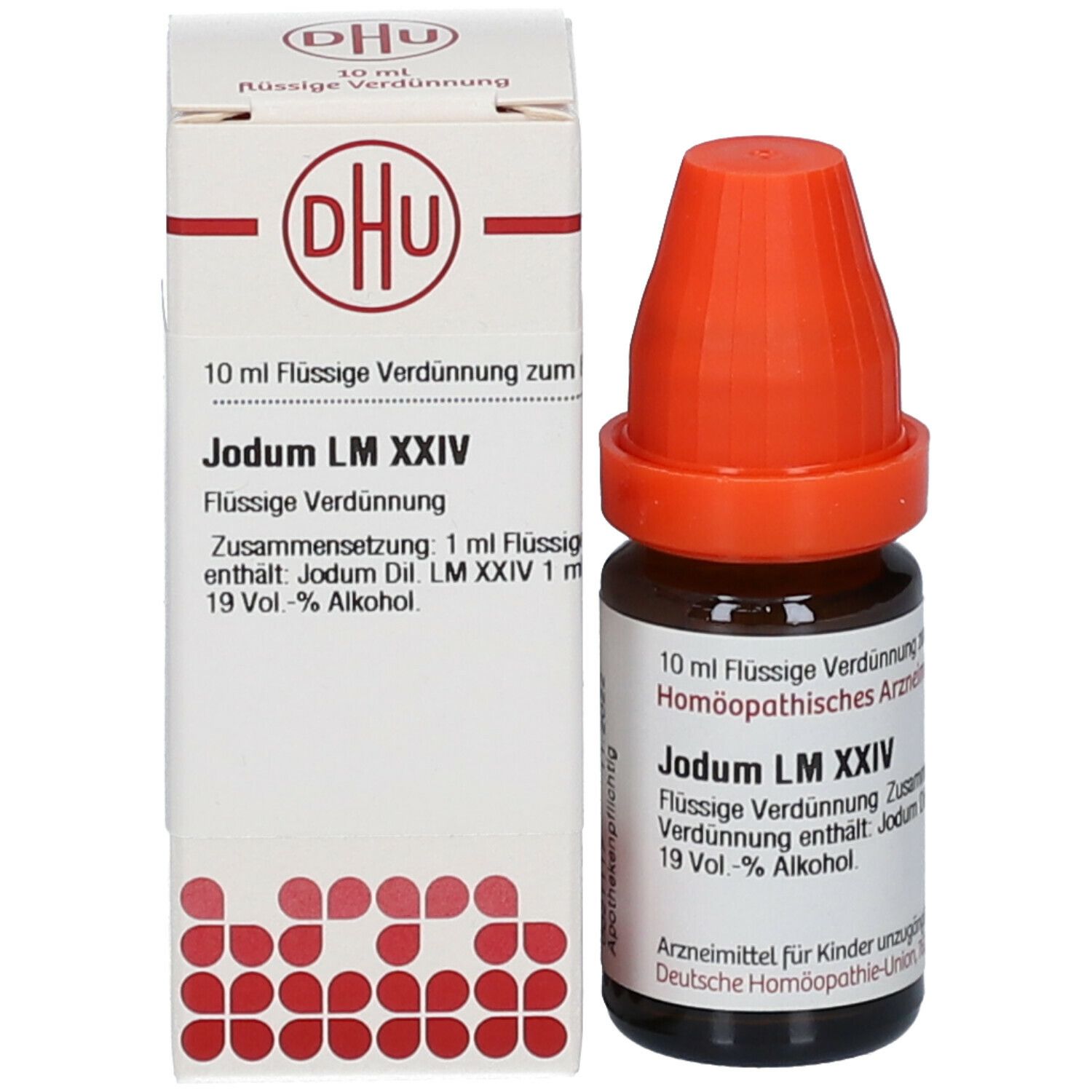 Produktflasche und Verpackung. Braune Flasche mit orangefarbenem Verschluss. Verpackung mit DHU-Logo und Produktinformationen.