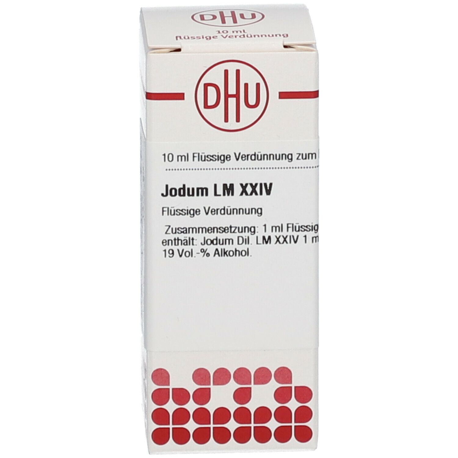 Produktverpackung. Weiße Schachtel mit DHU-Logo und Produktinformationen: Jodum LM XXIV, flüssige Verdünnung.