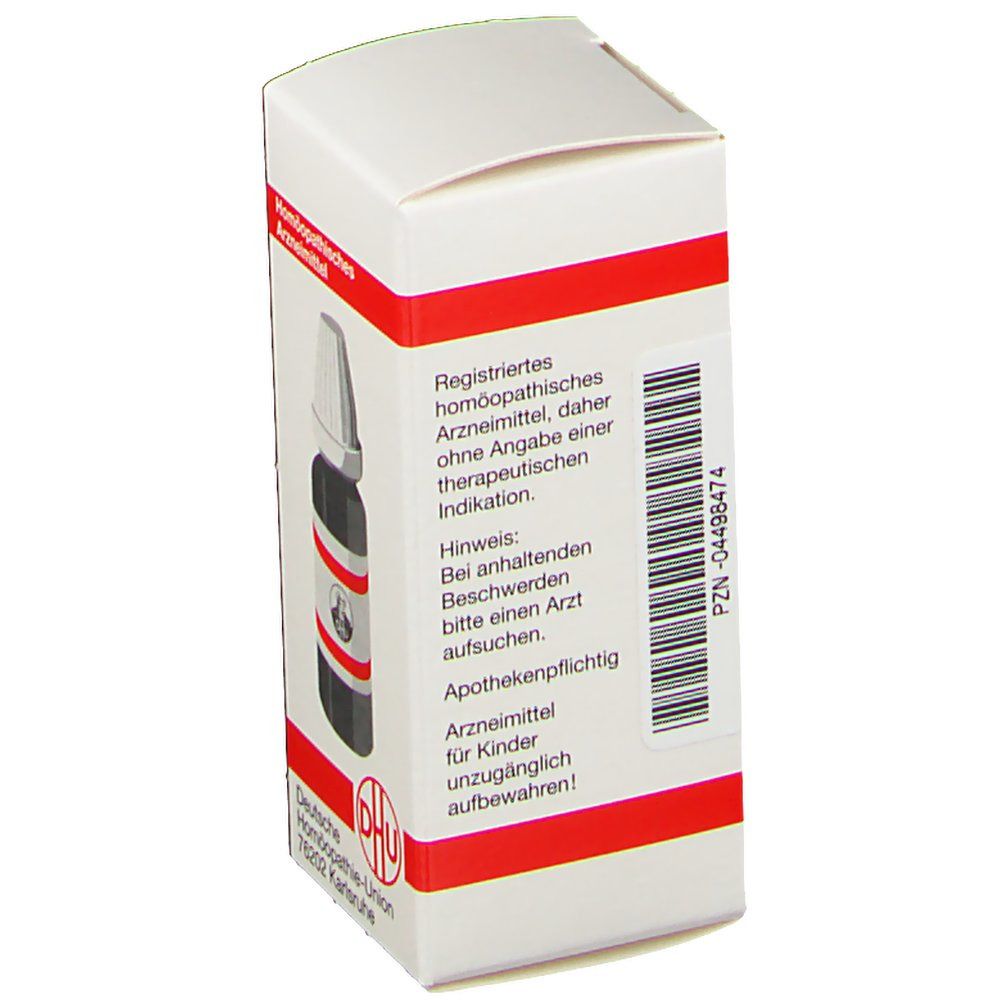 Weiße Faltschachtel mit roter Umrandung. Text: Registriertes homöopathisches Arzneimittel. Mit Barcode und PZN-Nummer.