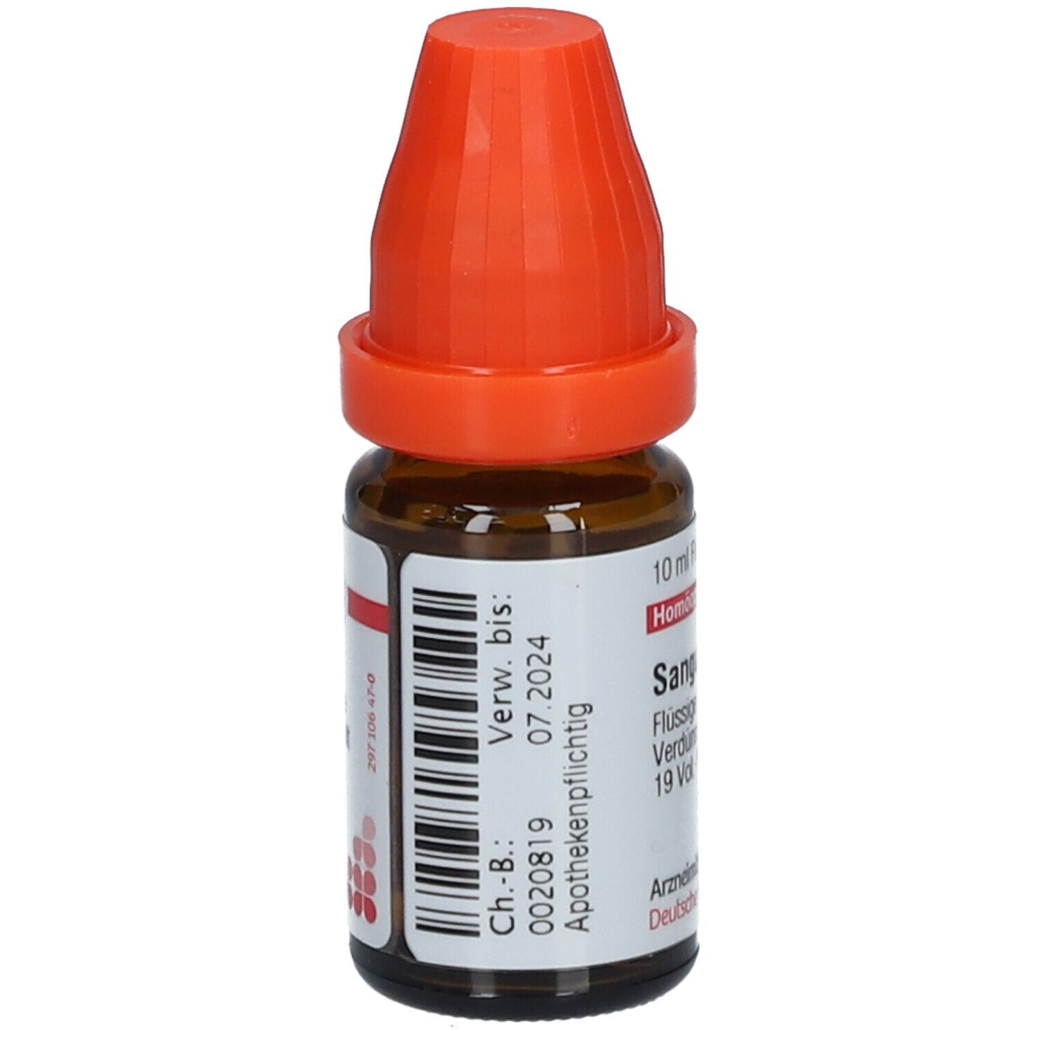 Braune Glasflasche mit orangefarbenem Verschluss. Beschriftung: Sanguinaria LM VI, 10 ml flüssige Verdünnung. Mit Etikett.