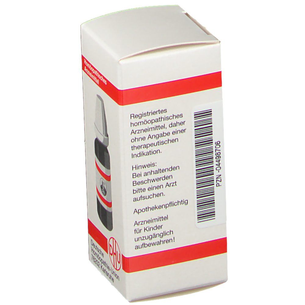 Weiße Schachtel mit roter Umrandung. Text: Registriertes homöopathisches Arzneimittel. Apothekenpflichtig. DHU-Logo.