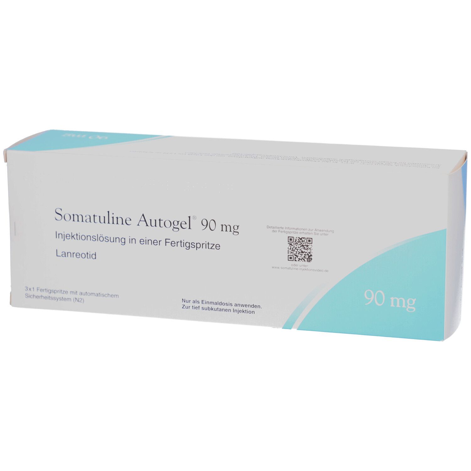 Karton von Somatuline Autogel 90 mg. Aufschrift: Injektionslösung in einer Fertigspritze. Hellblauer Akzent.