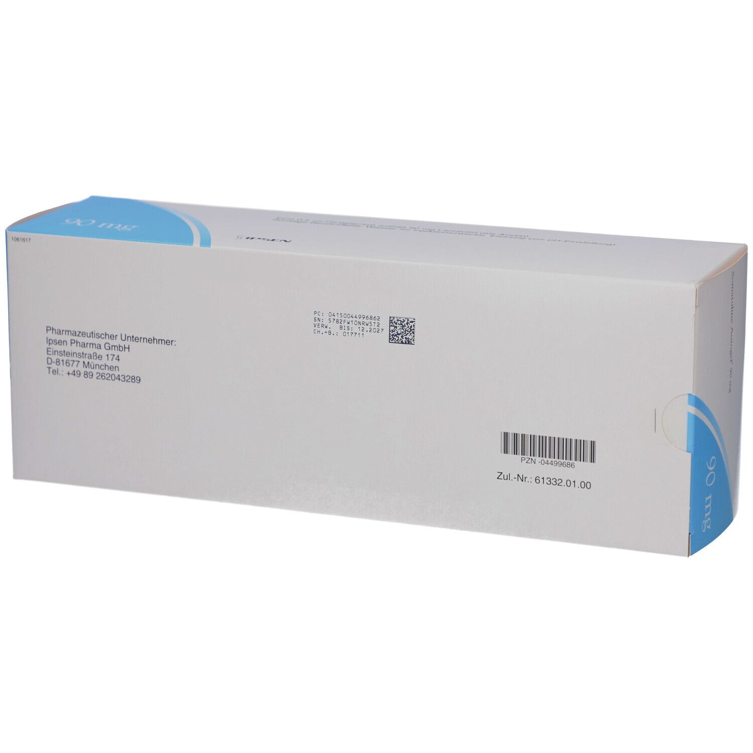 Rückseite der Verpackung von Somatuline Autogel 90 mg. Informationen zum Hersteller und Barcode.