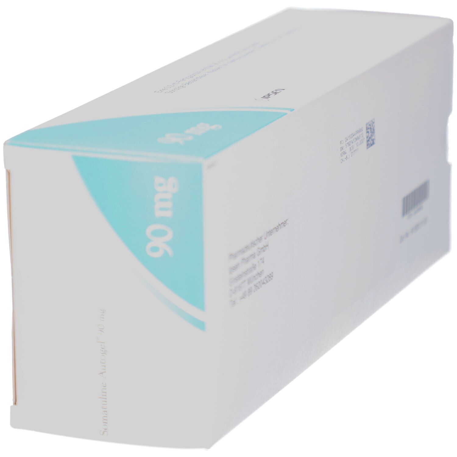 Schräg gestellte Verpackung von Somatuline Autogel 90 mg. Weiß mit hellblauem Akzent. Aufschrift: 90 mg.